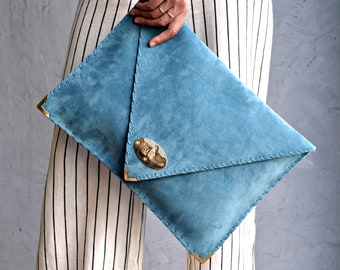 Soft Symmetria Clutch / Jeans blue leather clutch / Large clutch / Blue suede handbag / Envelope clutch / Laptop case 15" / Business bag