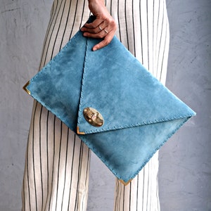 Soft Symmetria Clutch / Jeans blue leather clutch / Large clutch / Blue suede handbag / Envelope clutch / Laptop case 15" / Business bag