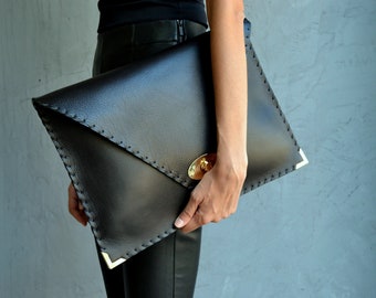 Black leather clutch bag, Black Symmetria clutch, Leather laptop case, Black oversized bag / Women business bag / Black Leather file folder