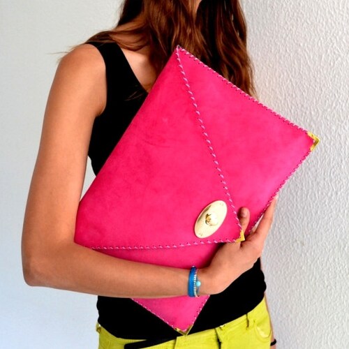 Fuchsia Leather Clutch / Handmade Leather Bag / Large Clutch / Etsy