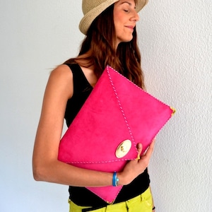 Fuchsia Leather Clutch / Handmade Leather Bag / Large Clutch / - Etsy