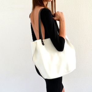 White leather tote bag / White shoulder bag / White leather satchel / White handbag / Black and white bag