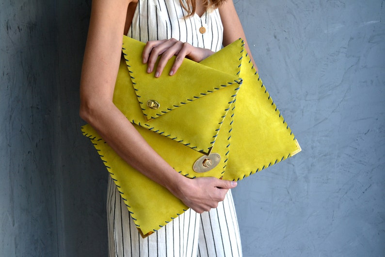 Soft Symmetria Clutch Yellow leather clutch Large clutch Y ellow suede handbag Envelope clutch Laptop case 15 Business bag