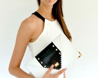 Handmade White Leather Clutch: Black Snakeskin Evening Bag