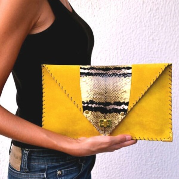 Snakeskin and mustard yellow leather clutch / Handmade leather bag / Mustard yellow suede and genuine snakeskin