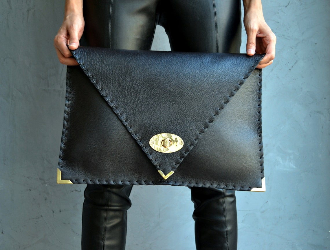 Black leather clutch bag Black Symmetria clutch Leather | Etsy