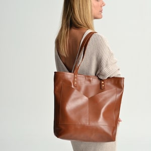 Large tabac brown leather tote bag, Estia Tote, Leather shopping bag, Women business bag, Brown leather shoulder bag, Big everyday bag