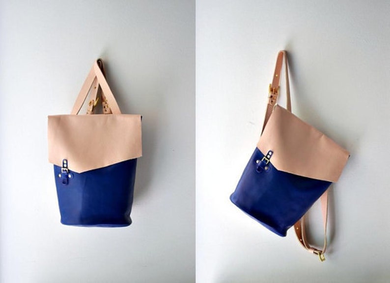 Blue and nude leather backpack Handmade leather bag Italian cow high quality leather