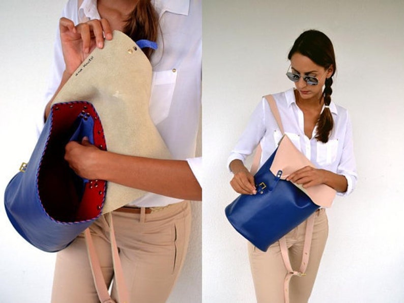 Blue and nude leather backpack Handmade leather bag Italian cow high quality leather