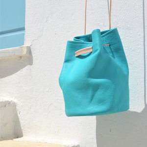 Ioli mat bucket bag in turquoise, Turquoise leather bucket bag, Mini bag, Leather purse, Blue handbag, Evening bag, Light blue shoulder bag