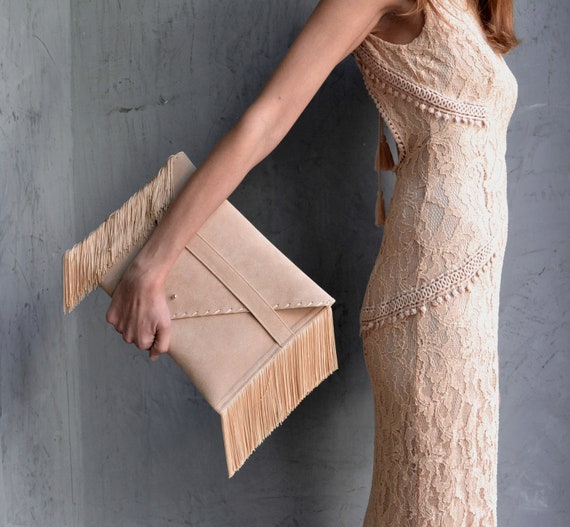 Medusa Clutch Beige Fringes Leather Clutch Nude Leather Bag