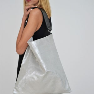 Akathi sparkling silver bag, Silver leather hobo bag, Silver large shoulder bag, Silver handbag, Big leather bag, Shopper bag, Tote bag image 8