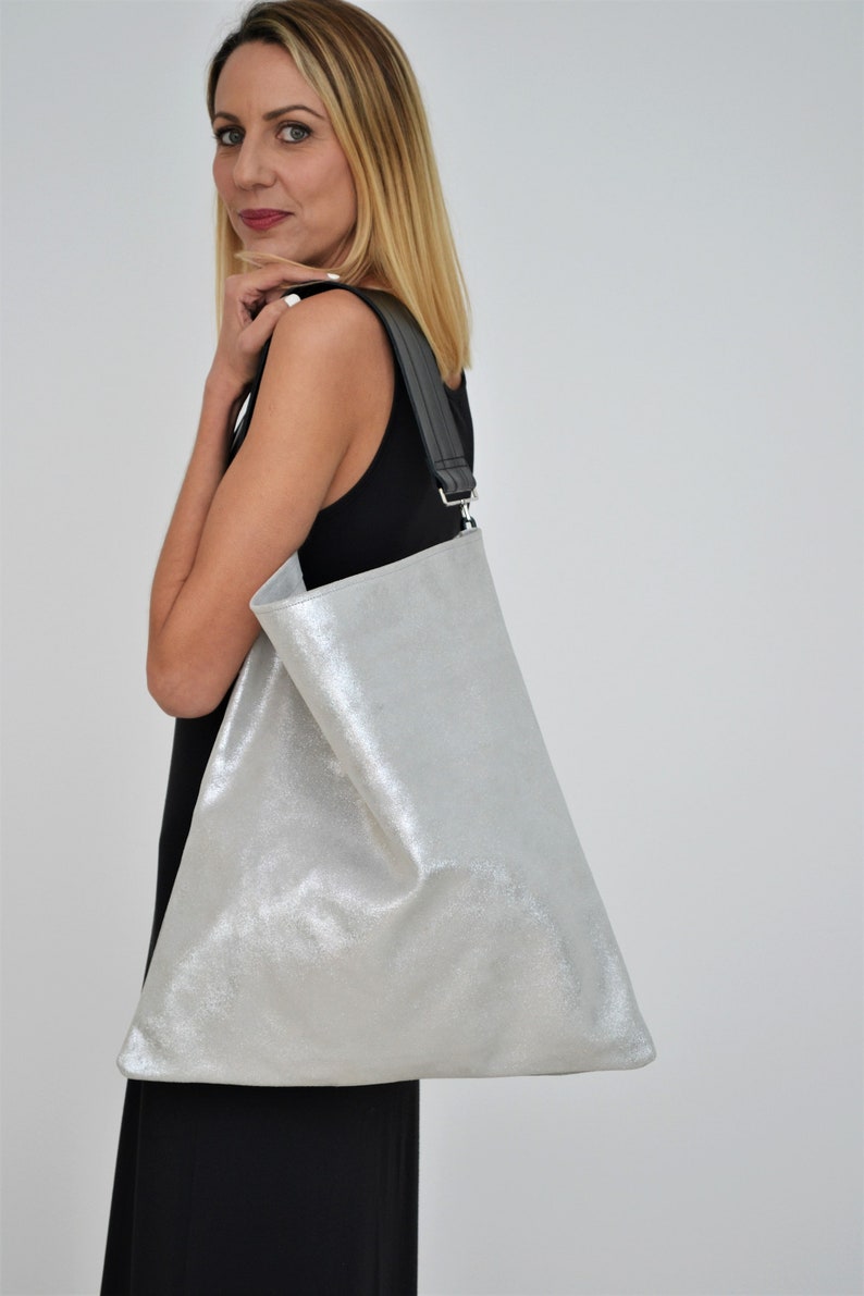 Akathi sparkling silver bag, Silver leather hobo bag, Silver large shoulder bag, Silver handbag, Big leather bag, Shopper bag, Tote bag image 8