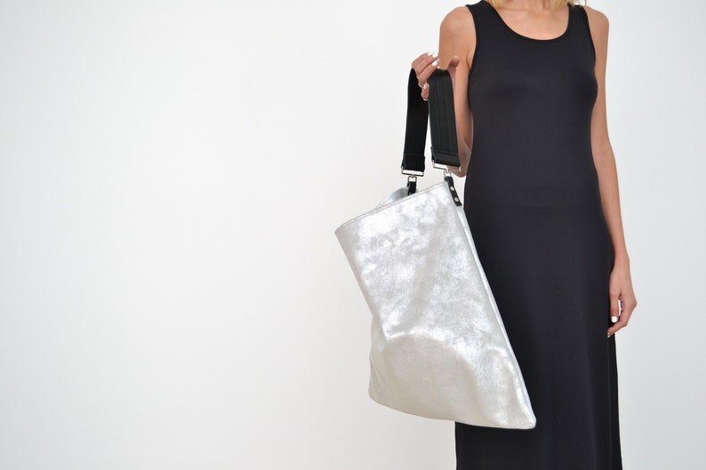 Akathi sparkling silver bag, Silver leather hobo bag, Silver large shoulder bag, Silver handbag, Big leather bag, Shopper bag, Tote bag image 3