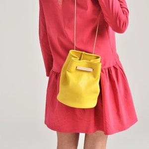 Ioli yellow bucket bag, Yellow leather bucket bag, Mini bag, Yellow leather purse, Yellow handbag, Evening bag, Yellow shoulder bag