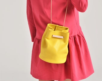 Yellow Leather Bucket Bag, Handmade Italian Calf Leather Mini Bag