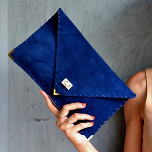 Royal blue suede leather clutch purse, Blue leather bag, Leather envelope clutch, Blue clutch bag, Blue leather handbag, Leather evening bag