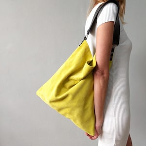 Akathi soft suede hobo bag in bright yellow, Yellow suede shopper bag, Yelow large tote, Yellow handbag, Yellow suede shoulder bag