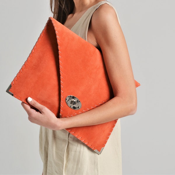 Soft Symmetria Clutch / Coral leather clutch bag / Large clutch / Coral suede handbag / Envelope clutch / Laptop case 15" / Suede clutch