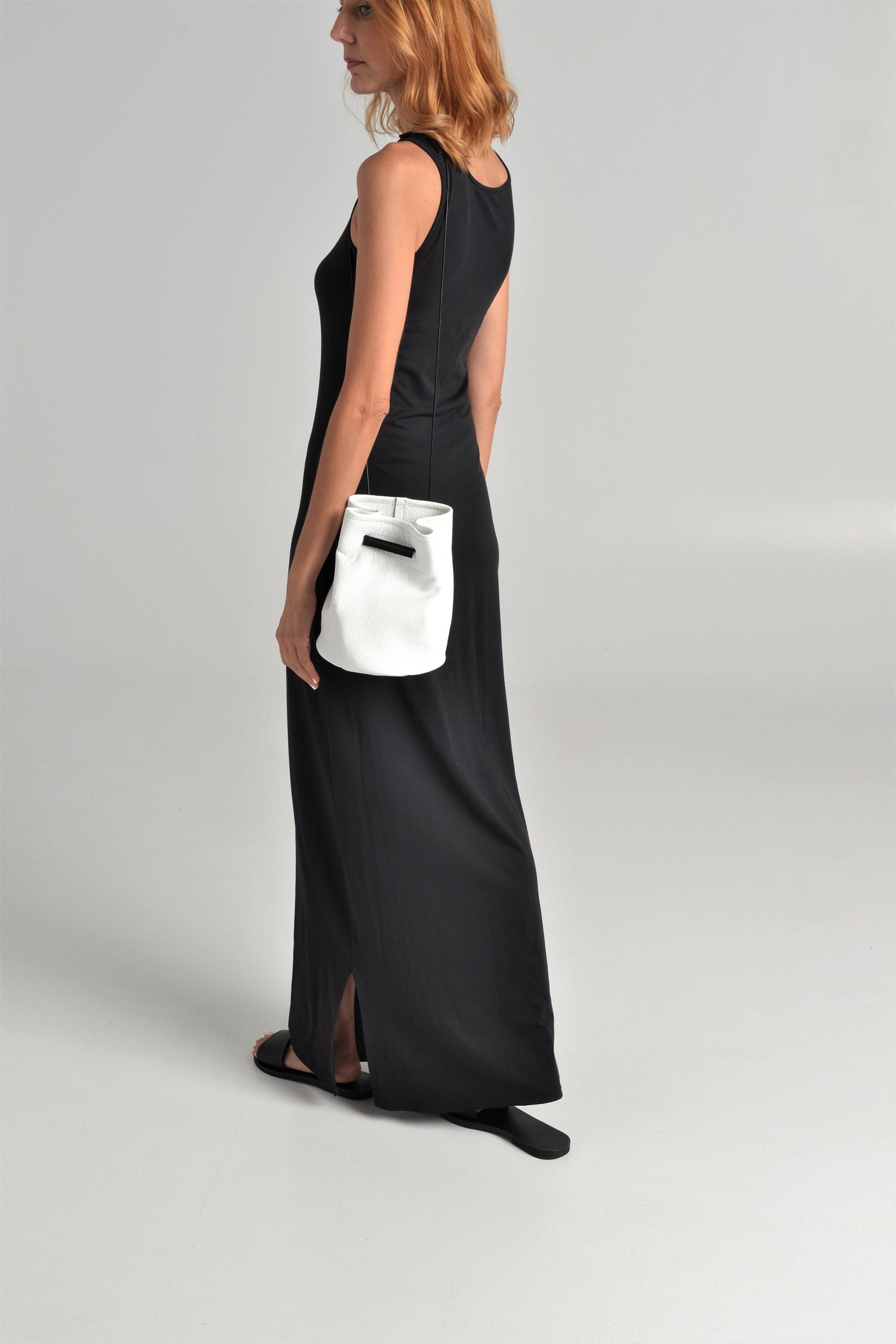White Leather Bucket Bag, Mini Pebble Grain Italian Leather Purse