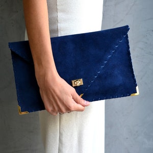 Royal Blue Suede Leather Clutch Purse, Blue Leather Bag, Leather ...