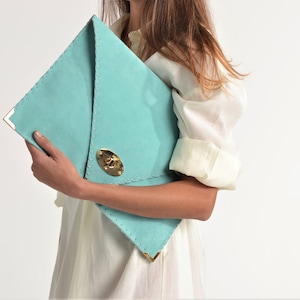 Embreagem Soft Symmetria / Embreagem em couro camurça Aqua / Embreagem grande / Bolsa de noite menta / Embreagem envelope menta / Bolsa para laptop em camurça 15"