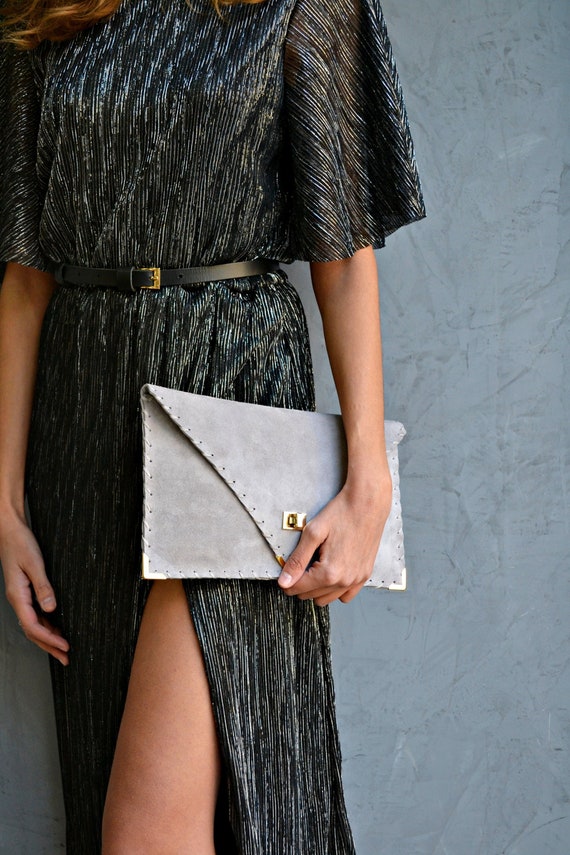 Light gray suede leather clutch purse Gray leather bag Etsy