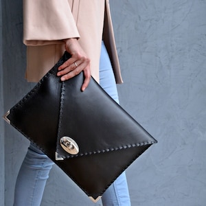 Black Leather Clutch Bag, Black Symmetria Clutch, Leather Laptop Case ...