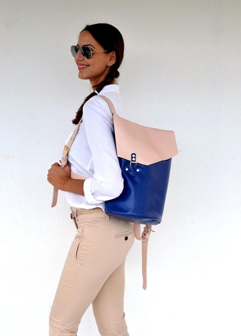 Blue and nude leather backpack Handmade leather bag Italian cow high quality leather