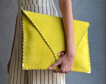 Soft Symmetria Clutch / Yellow leather clutch bag / Large clutch /Yellow suede handbag / Envelope clutch / Laptop case 15" / Business bag