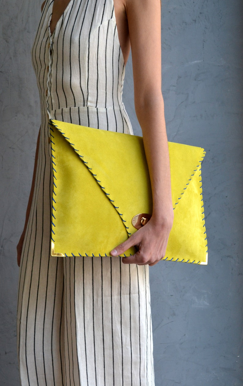Soft Symmetria Clutch Yellow leather clutch Large clutch Y ellow suede handbag Envelope clutch Laptop case 15 Business bag