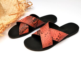 Women leather sandals, Greek sandals, Melia sandals, Crossover sandals, Leather slides, Red Coral sandals, Snake sandals, Red coral slides