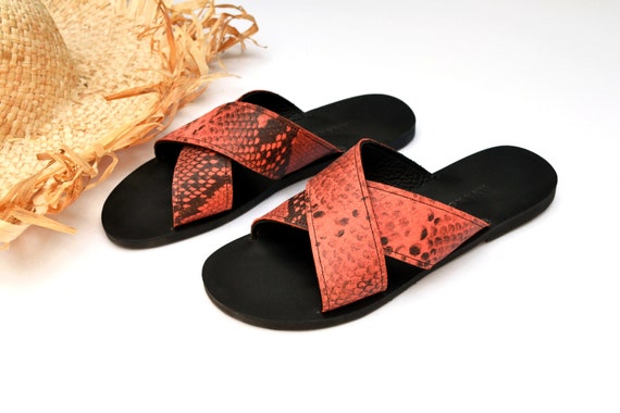coral leather sandals