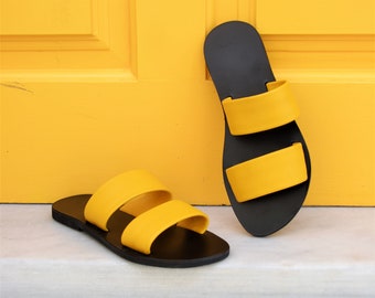 Thioni yellow sandals, Women yellow leather sandals, Greek sandals, Yellow strappy sandals, Yellow flat sandals, Yellow leather slides