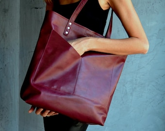 Large Bordeaux Leather Tote Bag: Estia Business Bag