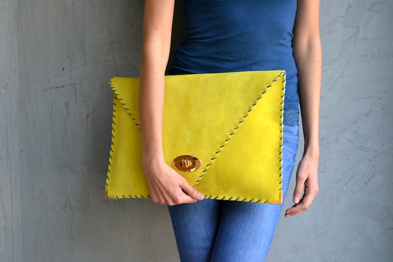 Soft Symmetria Clutch / Yellow leather clutch bag / Large clutch /Yellow suede handbag / Envelope clutch / Laptop case 15 / Business bag image 4