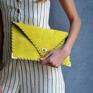 Soft Symmetria Clutch / Yellow leather clutch bag / Large clutch /Yellow suede handbag / Envelope clutch / Laptop case 15 / Business bag SMALL 7 x 11,8 inches