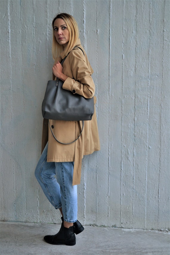 Gray Leather Tote Bag: Handmade Italian Pebble Grain  display picture 1