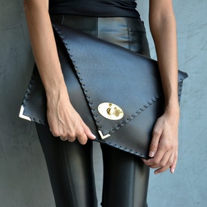 Black Leather Clutch Bag, Black Symmetria Clutch, Leather Laptop Case ...