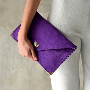 Purple suede leather clutch purse, Purple leather bag, Leather envelope clutch, Purple clutch bag, Purple leather handbag, Evening bag