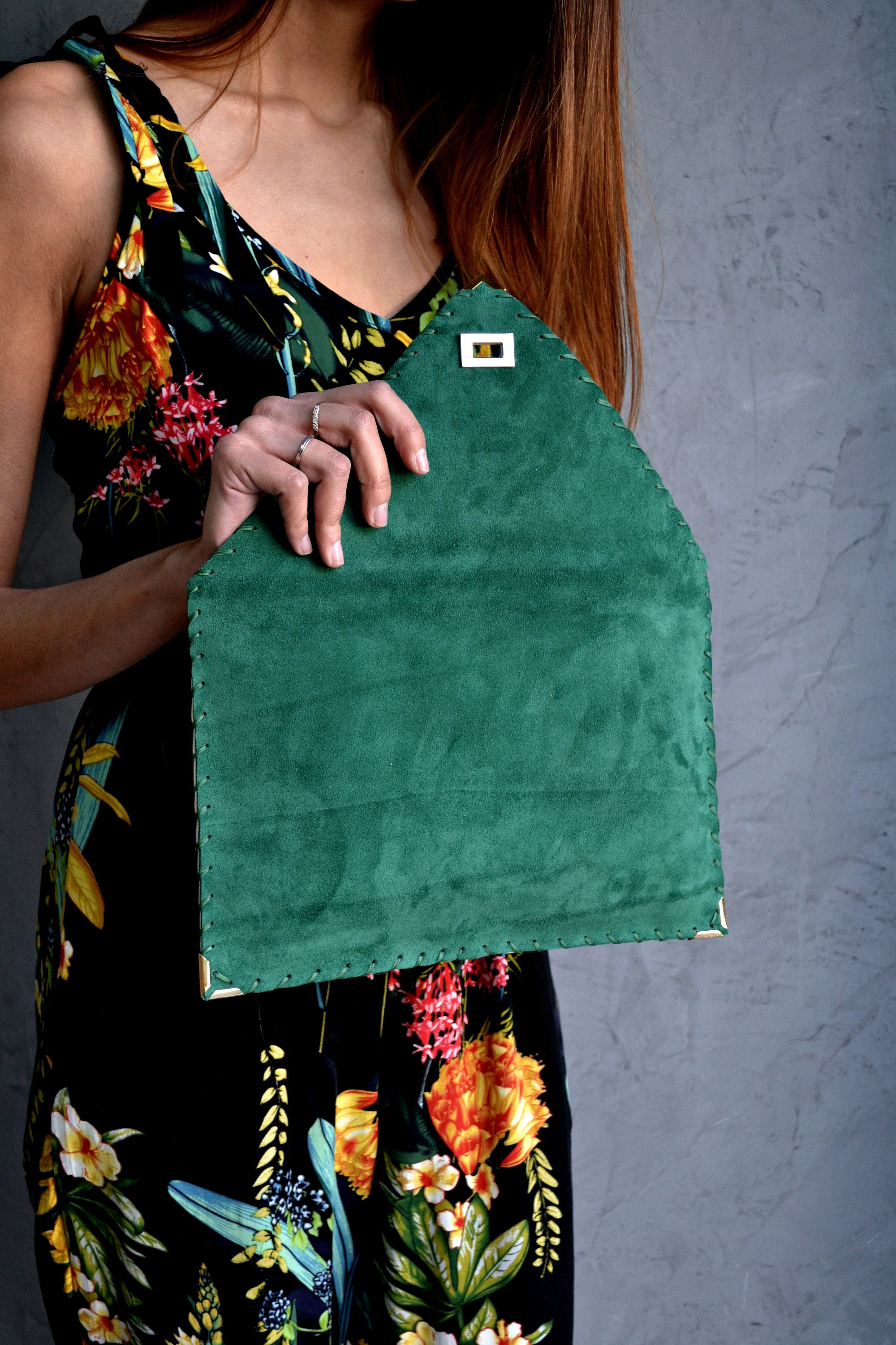 Emerald green suede clutch bag sale
