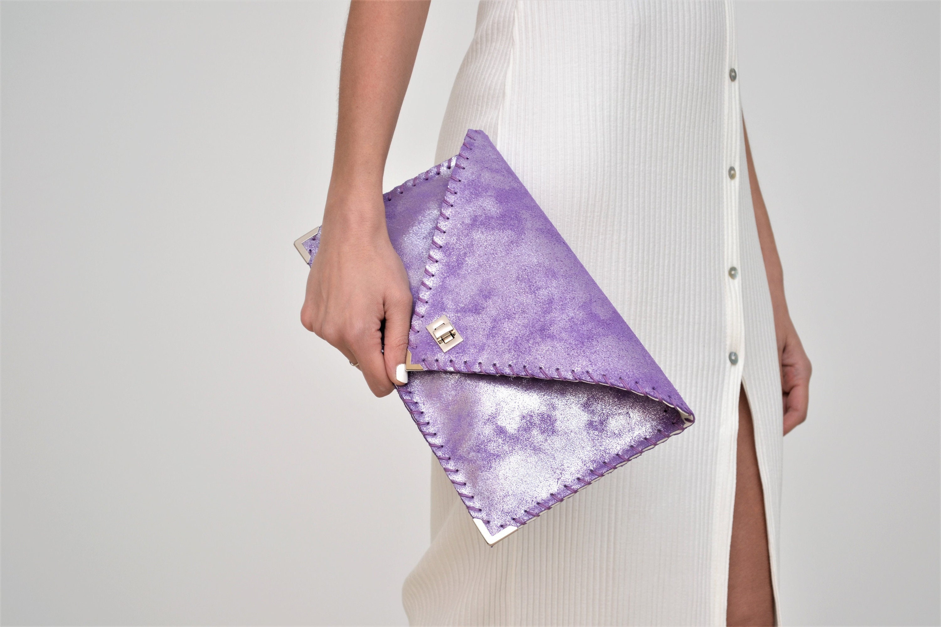 Sparkling Lilac Leather Clutch: Metallic Evening Purse