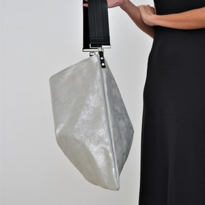 Akathi sparkling silver bag, Silver leather hobo bag, Silver large shoulder bag, Silver handbag, Big leather bag, Shopper bag, Tote bag image 6