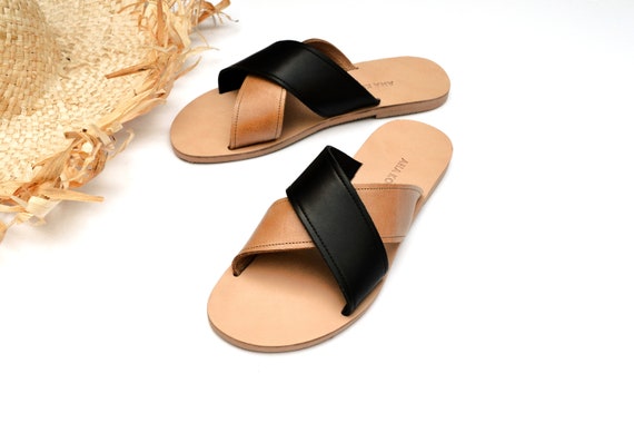 Greek leather slides,metallic slides metallic sandals Gold crisscross slides leather slides gold sandals womens slides womens sandals