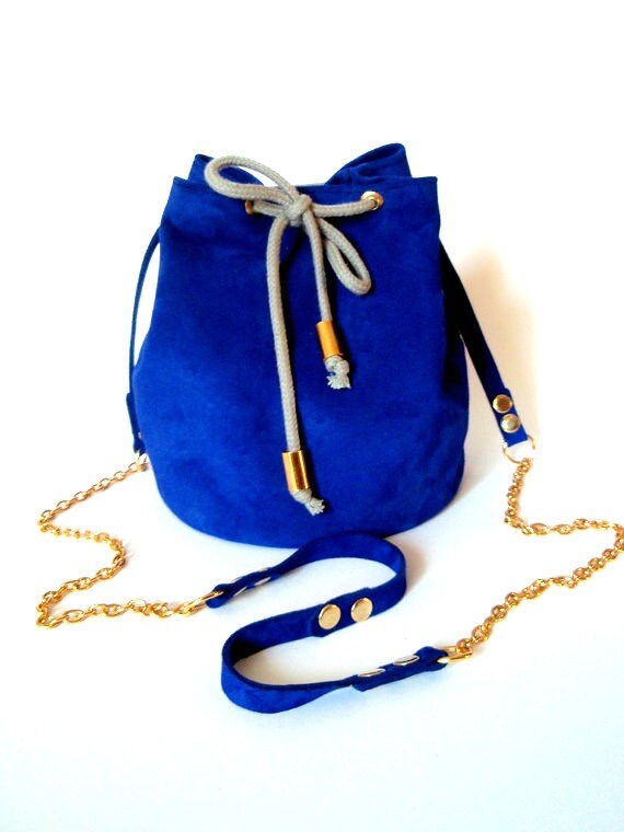 Blue leather bucket bag / Small leather purse / Handmade Etsy