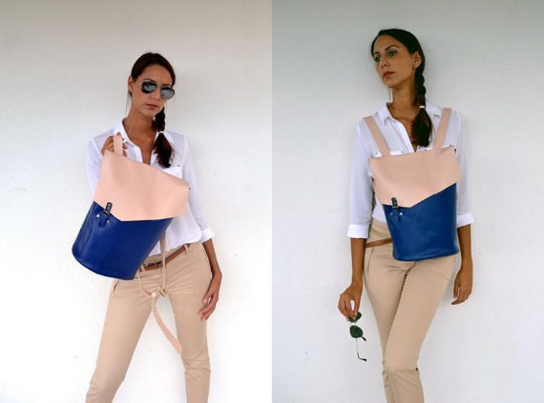 Blue and nude leather backpack Handmade leather bag Italian cow high quality leather