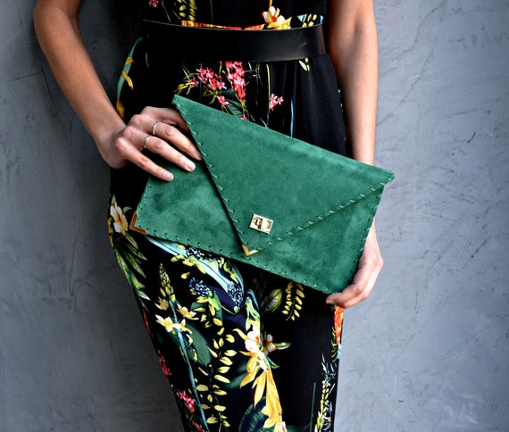 Emerald Suede Leather Clutch Purse Green Leather Bag Leather 