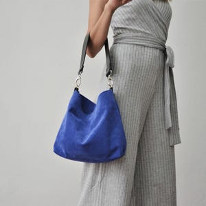 Blue Suede Leather Hobo Bag: Handmade Italian Shoulder Bag