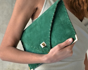 Emerald Suede Leather Envelope Clutch: Handmade Green Evening Bag
