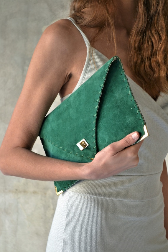 Emerald Green Genuine Leather Clutch Bag with Strap | PINK OASIS - Pink  Oasis